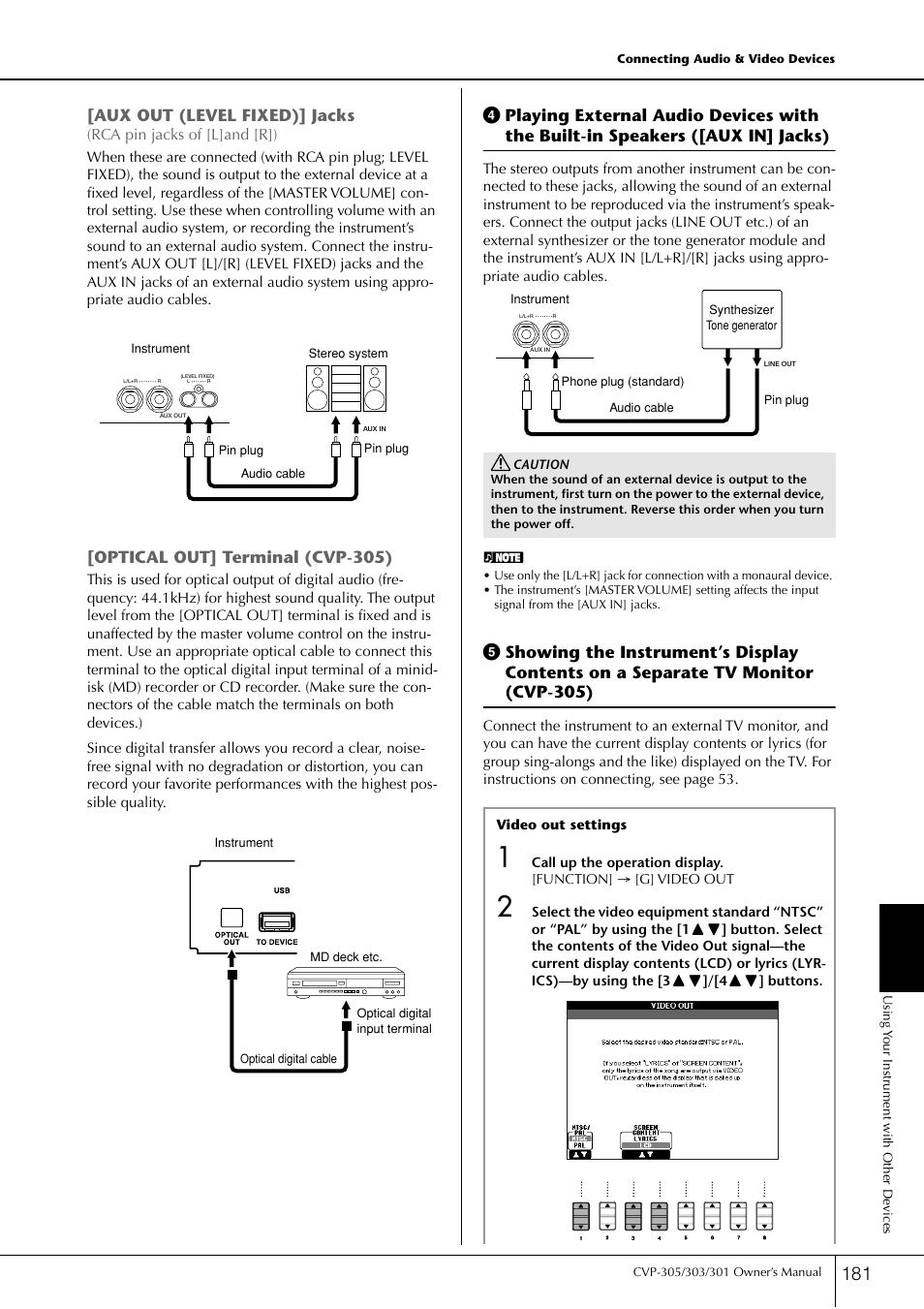 Playing external audio devices with the built-in, Showing the instrument’s display contents on a, P. 181 | Aux out (level fixed)] jacks, Optical out] terminal (cvp-305) | Yamaha 303 User Manual | Page 181 / 220