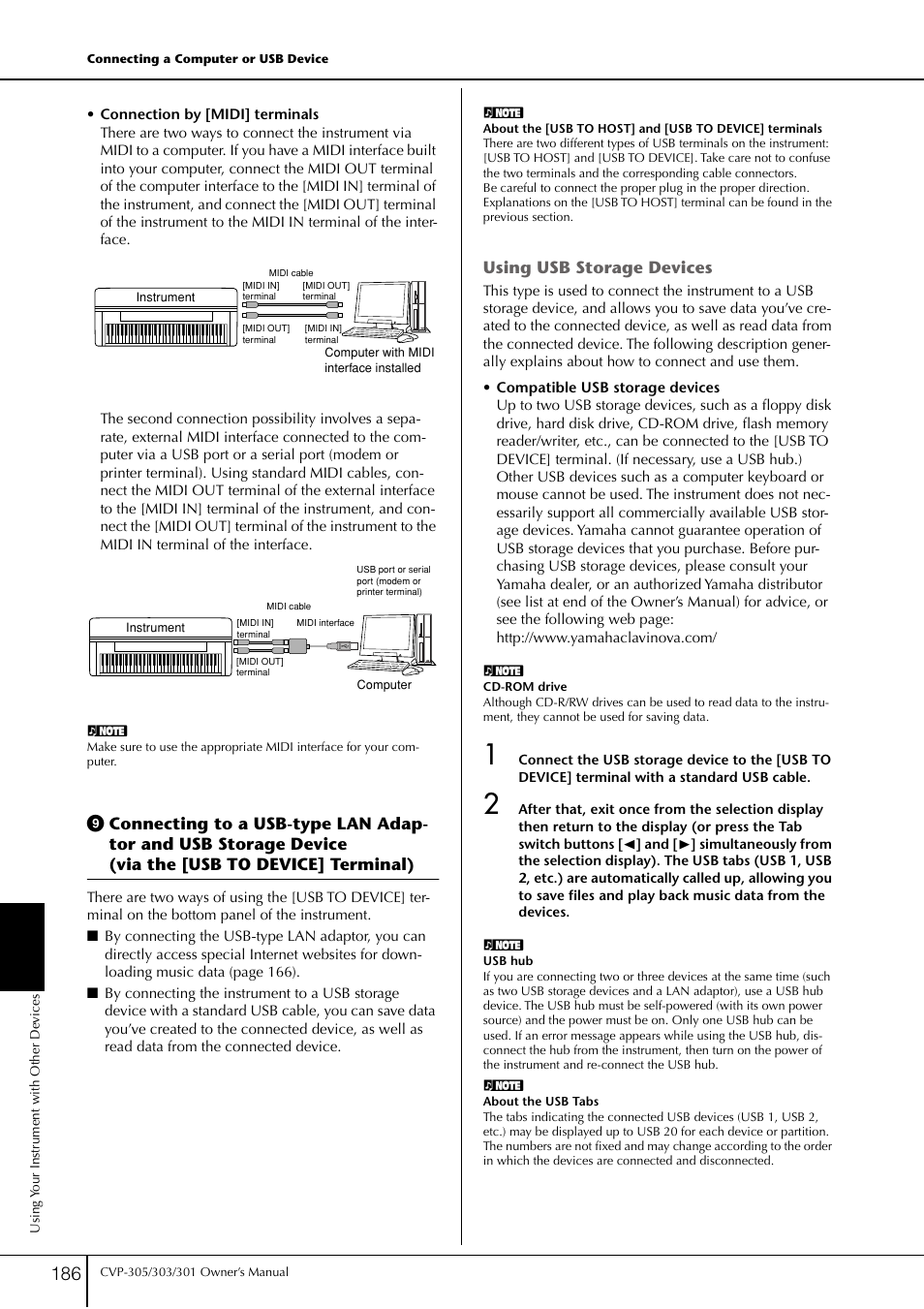 Connecting to a usb-type lan adaptor and usb, P. 186, Using usb storage devices | Yamaha 303 User Manual | Page 186 / 220