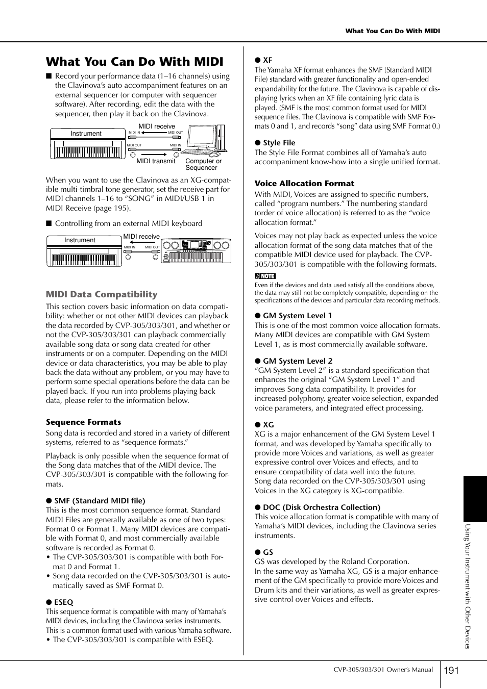 What you can do with midi, Midi data compatibility | Yamaha 303 User Manual | Page 191 / 220