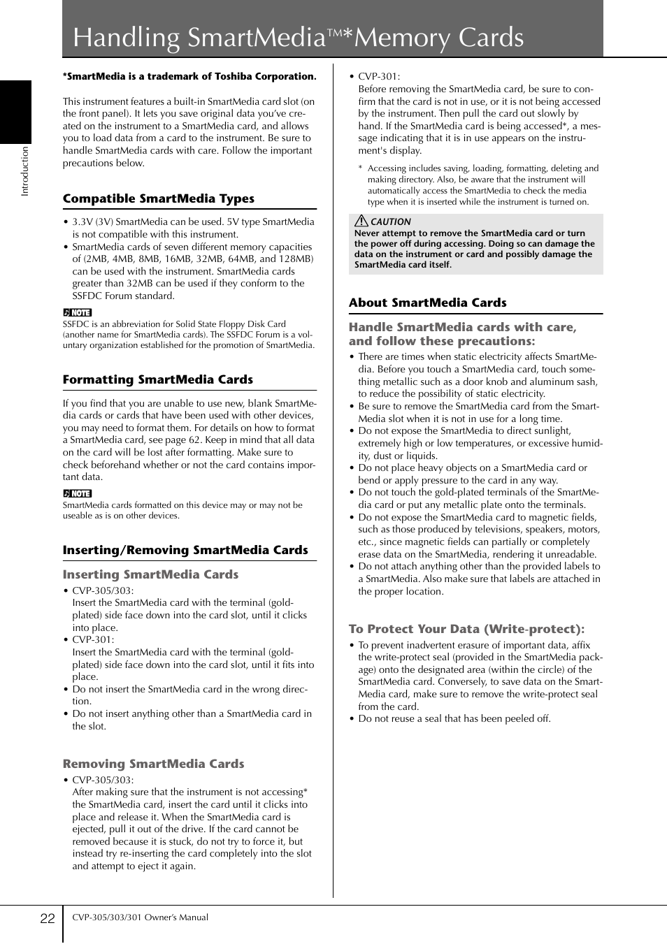 Handling smartmediatm*memory cards, Handling smartmedia, P. 22 | Yamaha 303 User Manual | Page 22 / 220