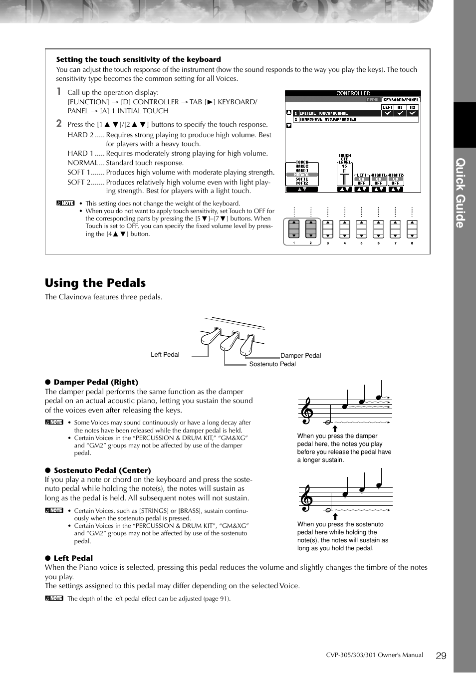 P. 29, Quic k guide, Using the pedals | Yamaha 303 User Manual | Page 29 / 220