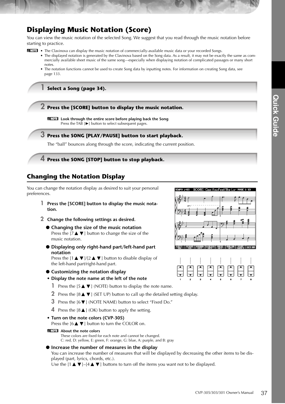 P. 37, Quic k guide, Displaying music notation (score) | Yamaha 303 User Manual | Page 37 / 220
