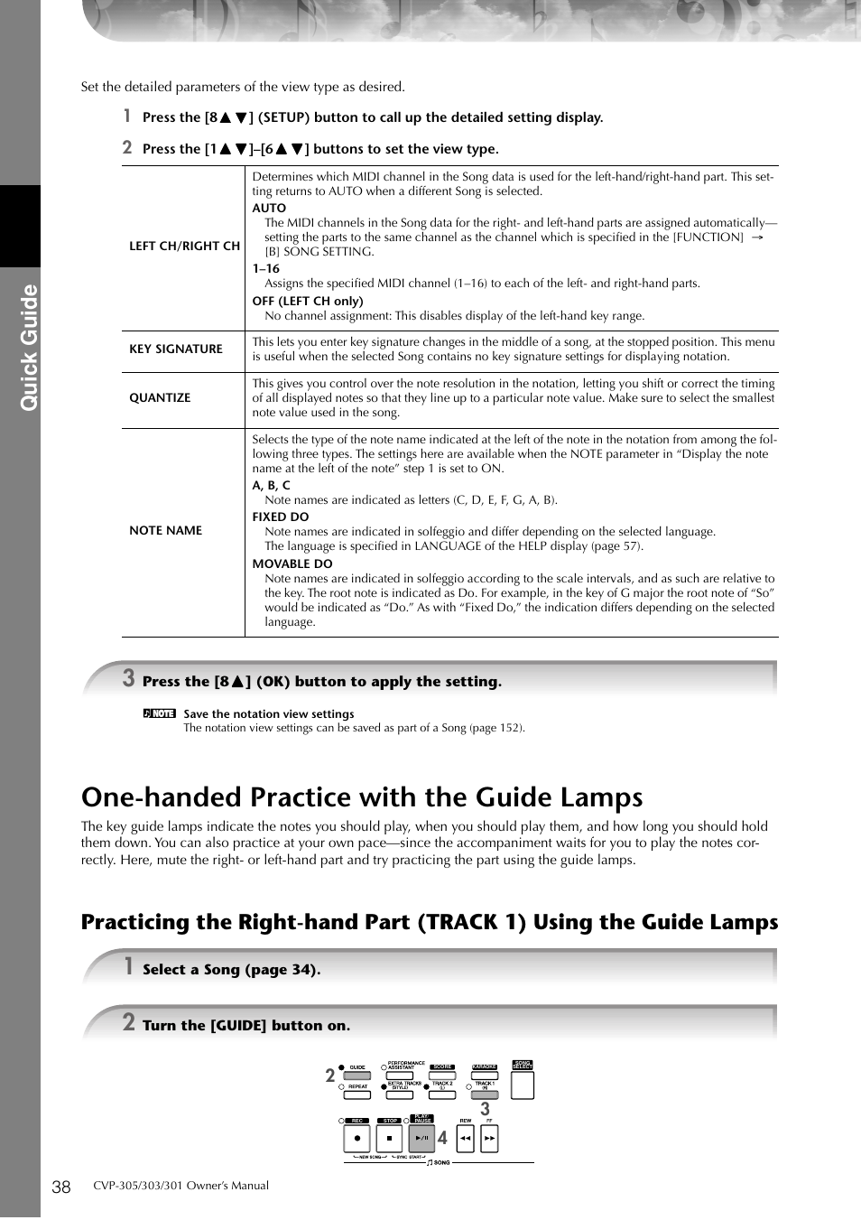 One-handed practice with the guide lamps, P. 38, Quic k guide | Yamaha 303 User Manual | Page 38 / 220