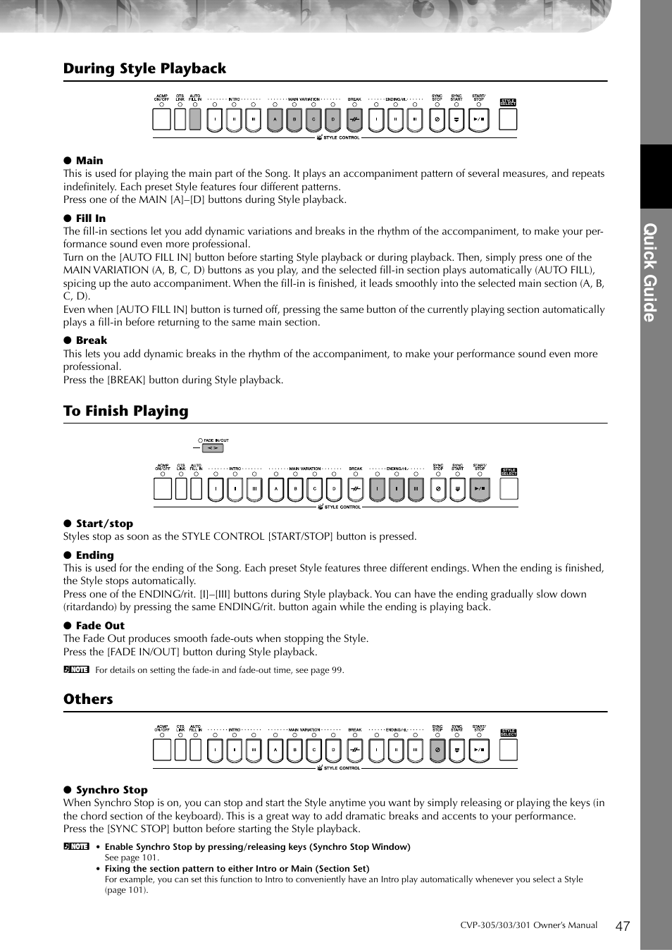 P. 47, Quic k guide, During style playback | Others | Yamaha 303 User Manual | Page 47 / 220