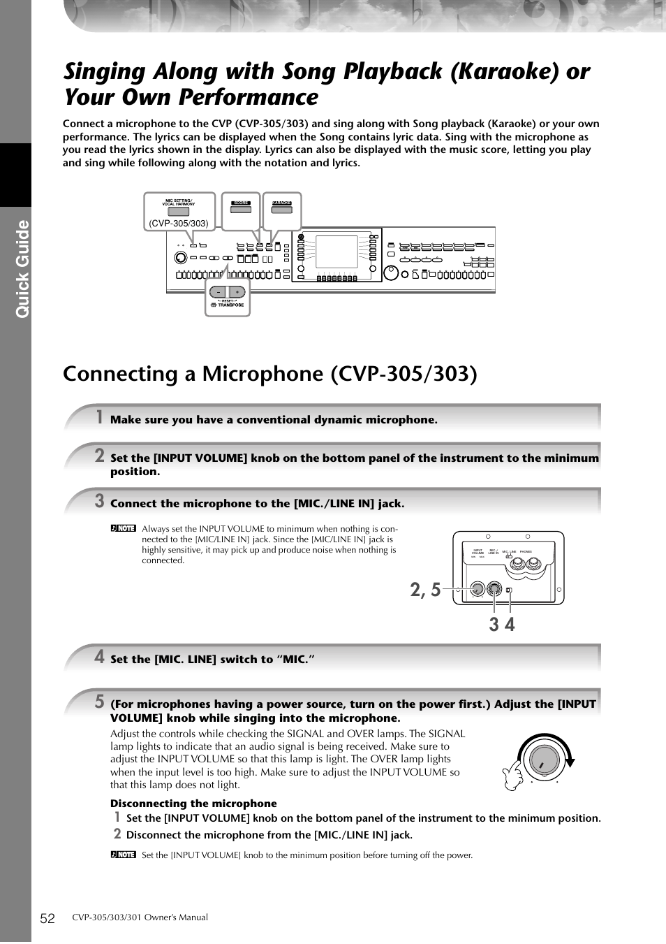 Connecting a microphone (cvp-305/303), Quic k guide | Yamaha 303 User Manual | Page 52 / 220