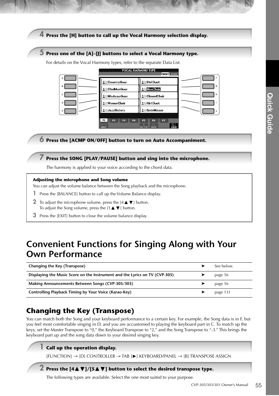 Quic k guide, Changing the key (transpose) | Yamaha 303 User Manual | Page 55 / 220