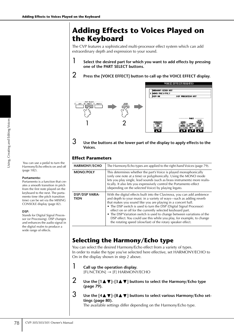 Adding effects to voices played on the keyboard, P. 78, Selecting the harmony/echo type | Yamaha 303 User Manual | Page 78 / 220