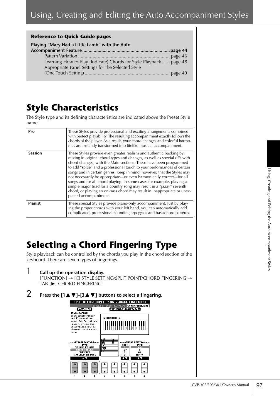 Style characteristics, Selecting a chord fingering type | Yamaha 303 User Manual | Page 97 / 220