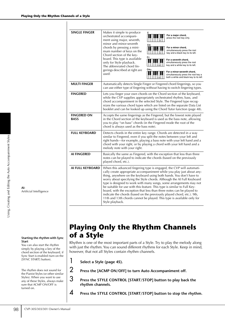 Playing only the rhythm channels of a style | Yamaha 303 User Manual | Page 98 / 220