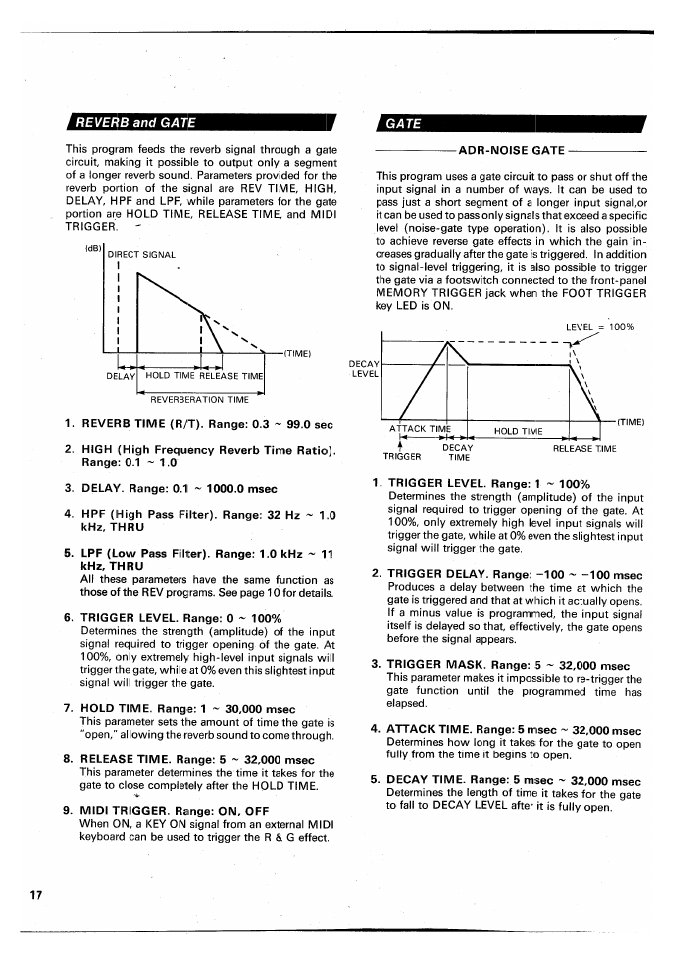 Adr-noise gate, Reverb time (r/t). range: 0.3 ~ 99.0 sec, Delay. range: 0.1 ~ 1000.0 msec | Trigger level. range: 0 ~ 100, Hold time. range: 1 ~ 30,000 msec, Release time. range: 5 ~ 32,000 msec, Midi trigger. range: on, off, Trigger level. range: 1 ~ 100, Trigger delay. range: -100 100 msec, Trigger mask. range: 5 ~ 32,000 msec | Yamaha SPX90 II User Manual | Page 18 / 101