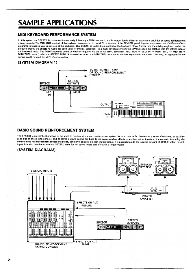 Sample applications, System diagram 1), System diagram2) | Yamaha SPX90 II User Manual | Page 22 / 101