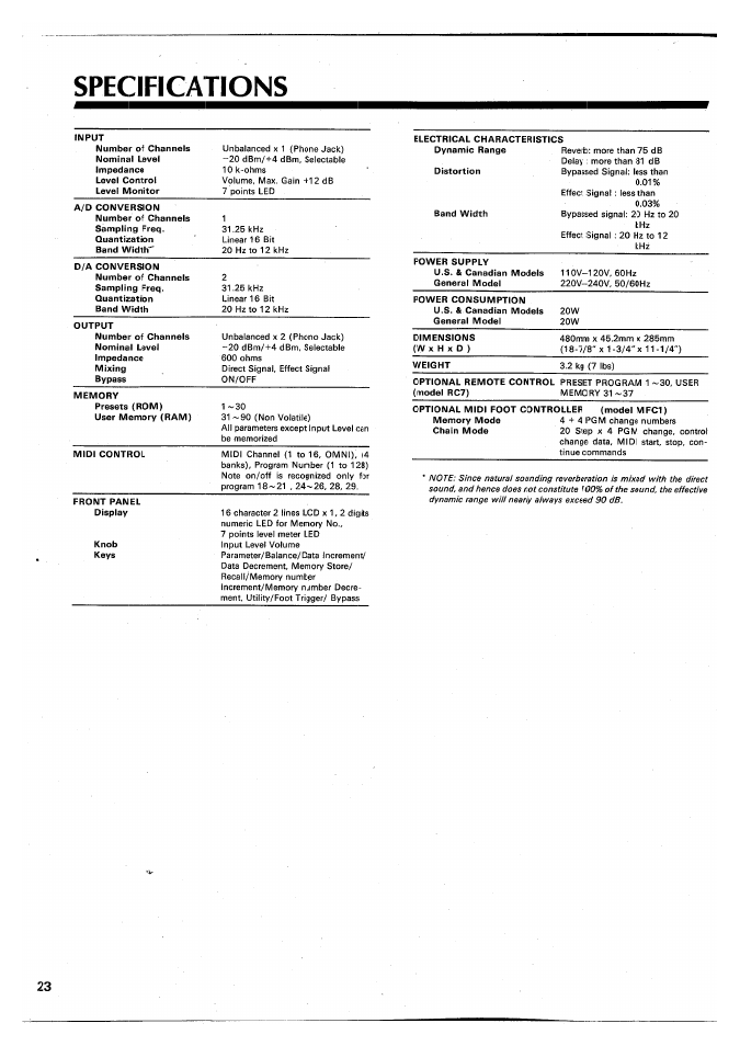 Specifications | Yamaha SPX90 II User Manual | Page 24 / 101