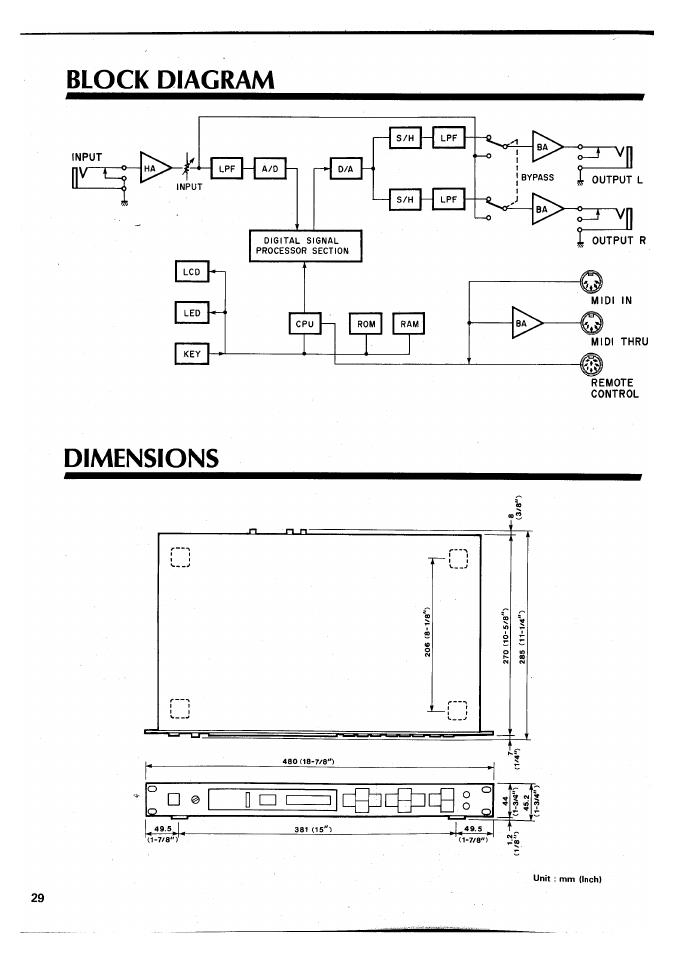 Block diagram, Dimensions, Block diagram dimensions | Yamaha SPX90 II User Manual | Page 30 / 101
