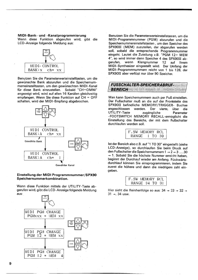 Midi-bank- und -kanalprogrammierung, Fusschalter-speicherabruf- i i bereich i, Midi- control bank:x ch= xx | Midi control, Midi control bank:a, 1 ^ midi pgm change pgmxxx = mem, Midi pgm change pgm 12 = mem, Midi pgm change pgm 12 = mem 4, Bank | Yamaha SPX90 II User Manual | Page 76 / 101