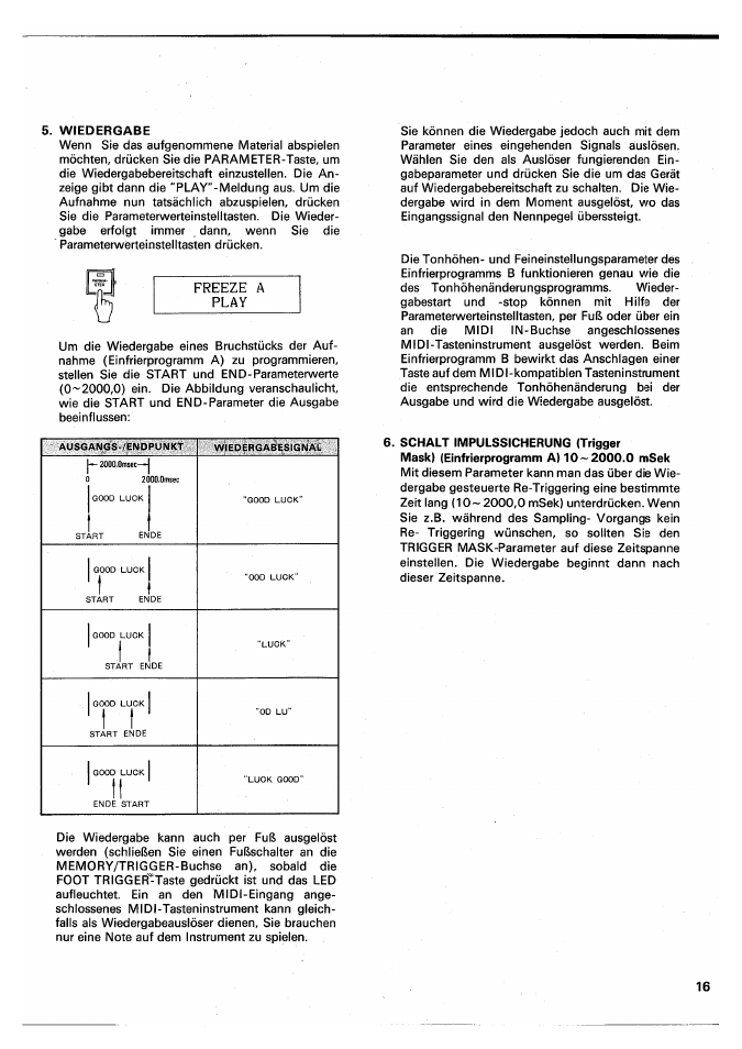 Wiedergabe, Schalt impulssicherung (trigger, Freeze a play | Yamaha SPX90 II User Manual | Page 83 / 101