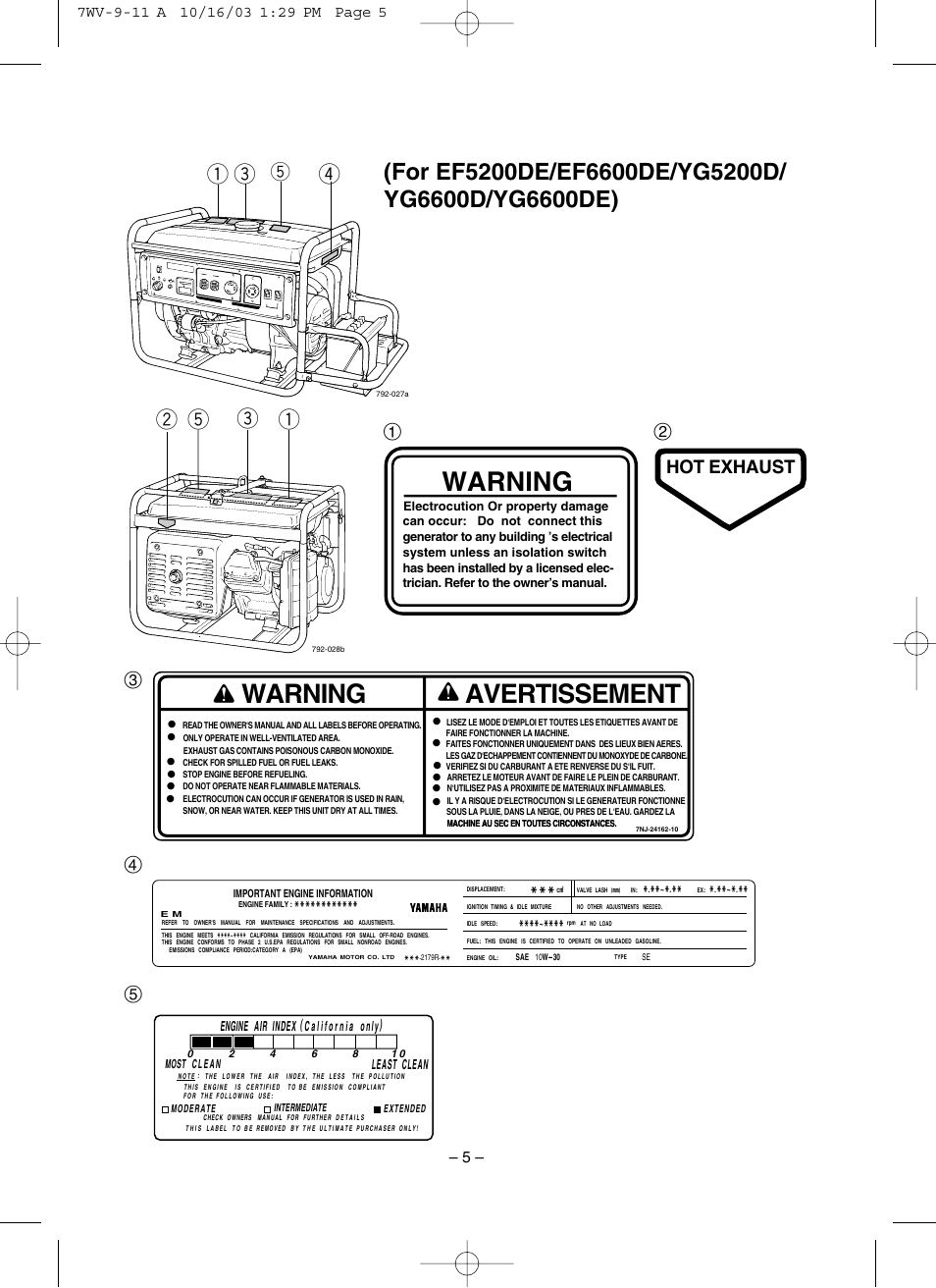 Warning, Avertissement, Q e r | Qe w t, Hot exhaust | Yamaha EF4000DE User Manual | Page 10 / 62