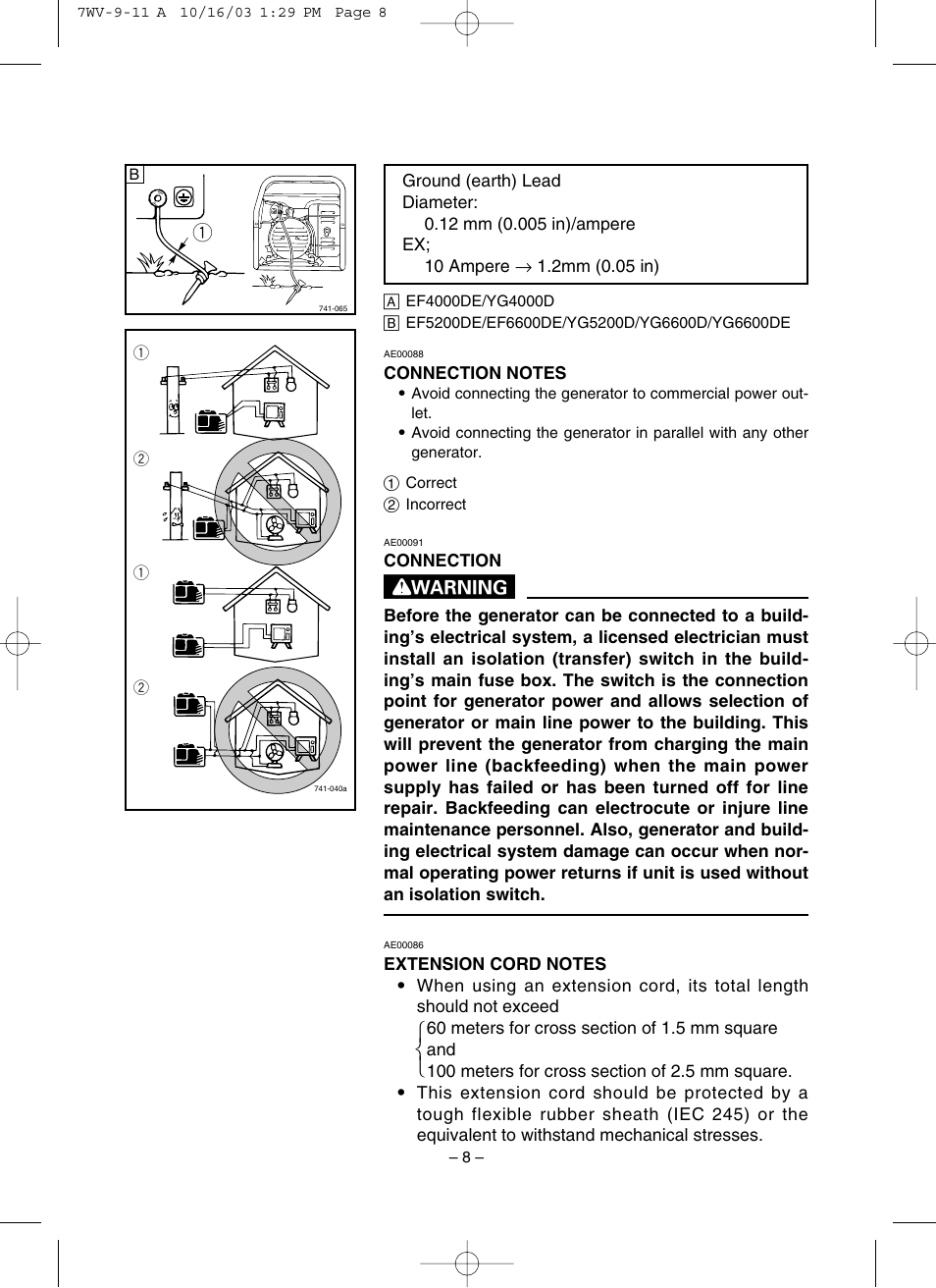 Connection notes, Extension cord notes | Yamaha EF4000DE User Manual | Page 13 / 62