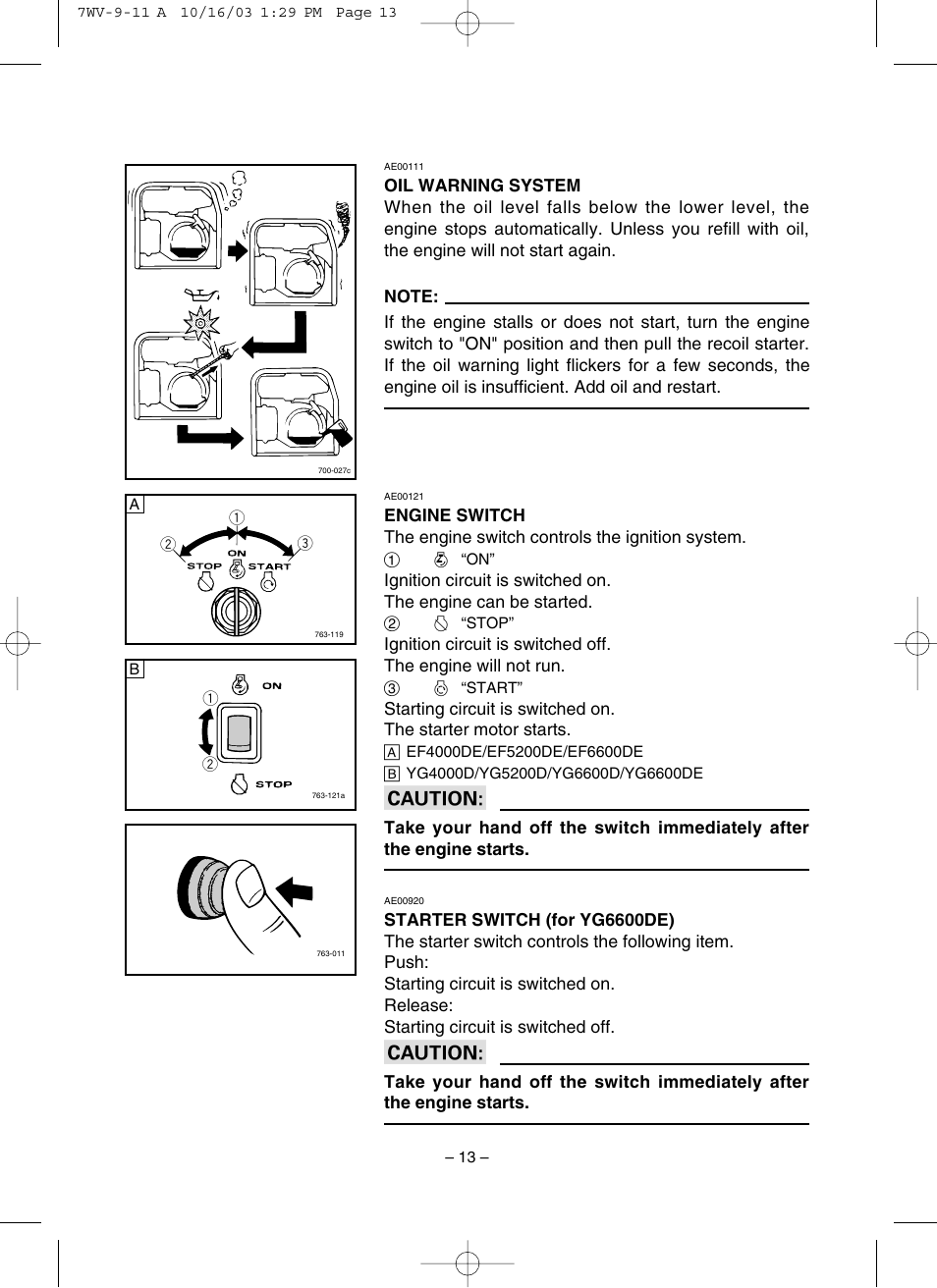 Oil warning system, Engine switch, Starter switch | Yamaha EF4000DE User Manual | Page 18 / 62