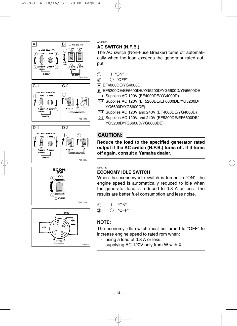 Ac switch (n.f.b.), Economy idle switch | Yamaha EF4000DE User Manual | Page 19 / 62