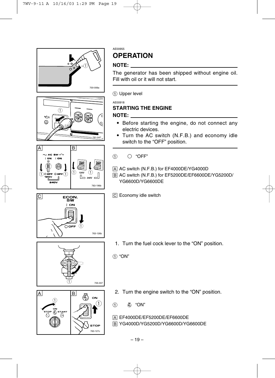 Operation, Starting the engine | Yamaha EF4000DE User Manual | Page 24 / 62