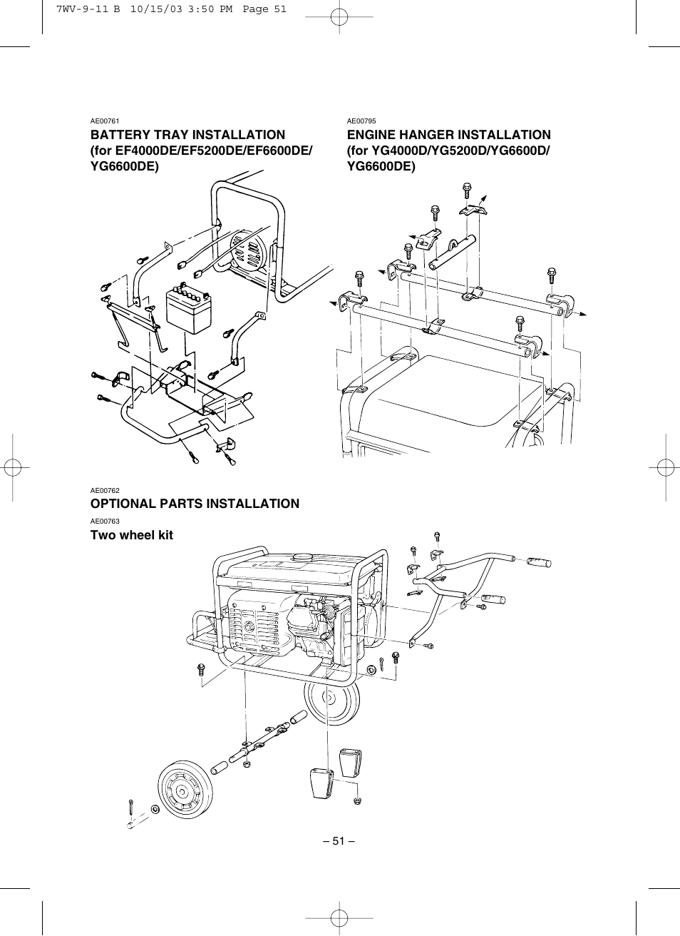 Battery tray installation, Engine hanger installation, Optional parts installation | Two wheel kit | Yamaha EF4000DE User Manual | Page 56 / 62