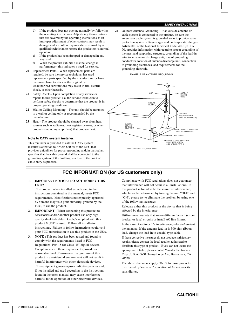 Fcc information (for us customers only), Caution ii | Yamaha HTR-5490 User Manual | Page 3 / 83