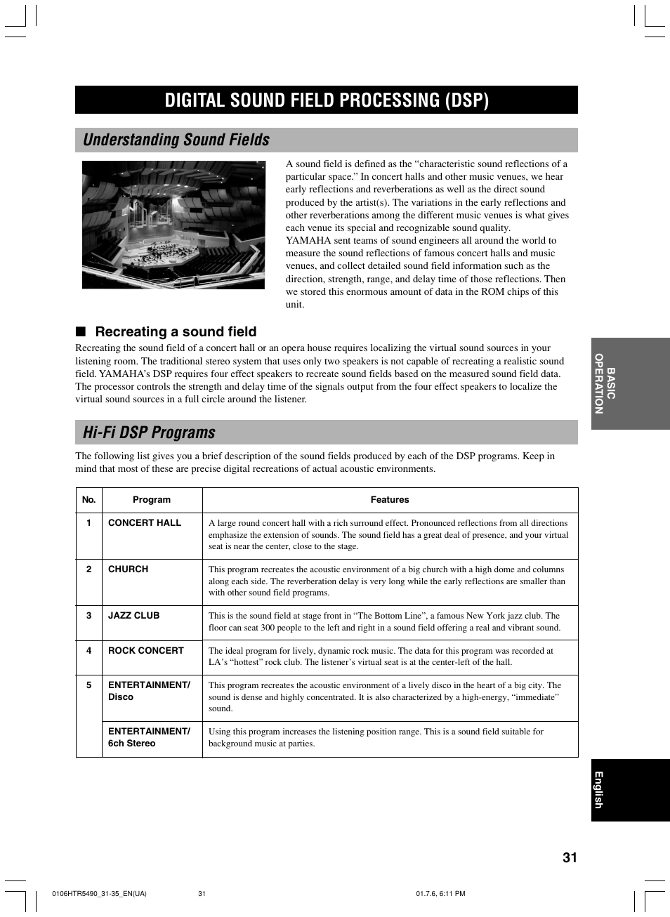 Digital sound field processing (dsp), Understanding sound fields, Hi-fi dsp programs | Recreating a sound field | Yamaha HTR-5490 User Manual | Page 35 / 83