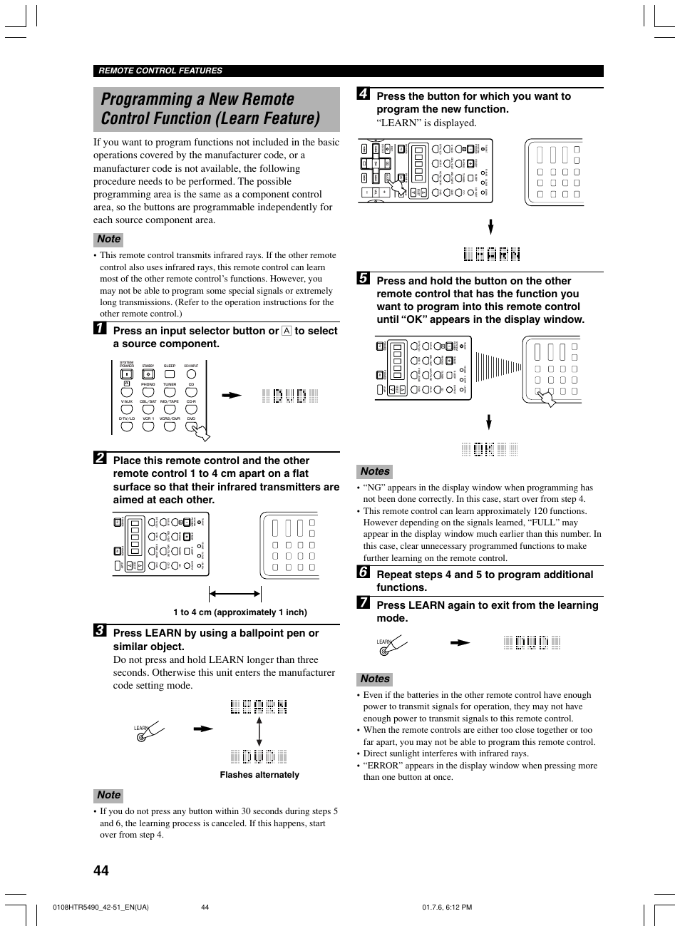 Press learn again to exit from the learning mode, 1 to 4 cm (approximately 1 inch), Flashes alternately | Remote control features | Yamaha HTR-5490 User Manual | Page 48 / 83