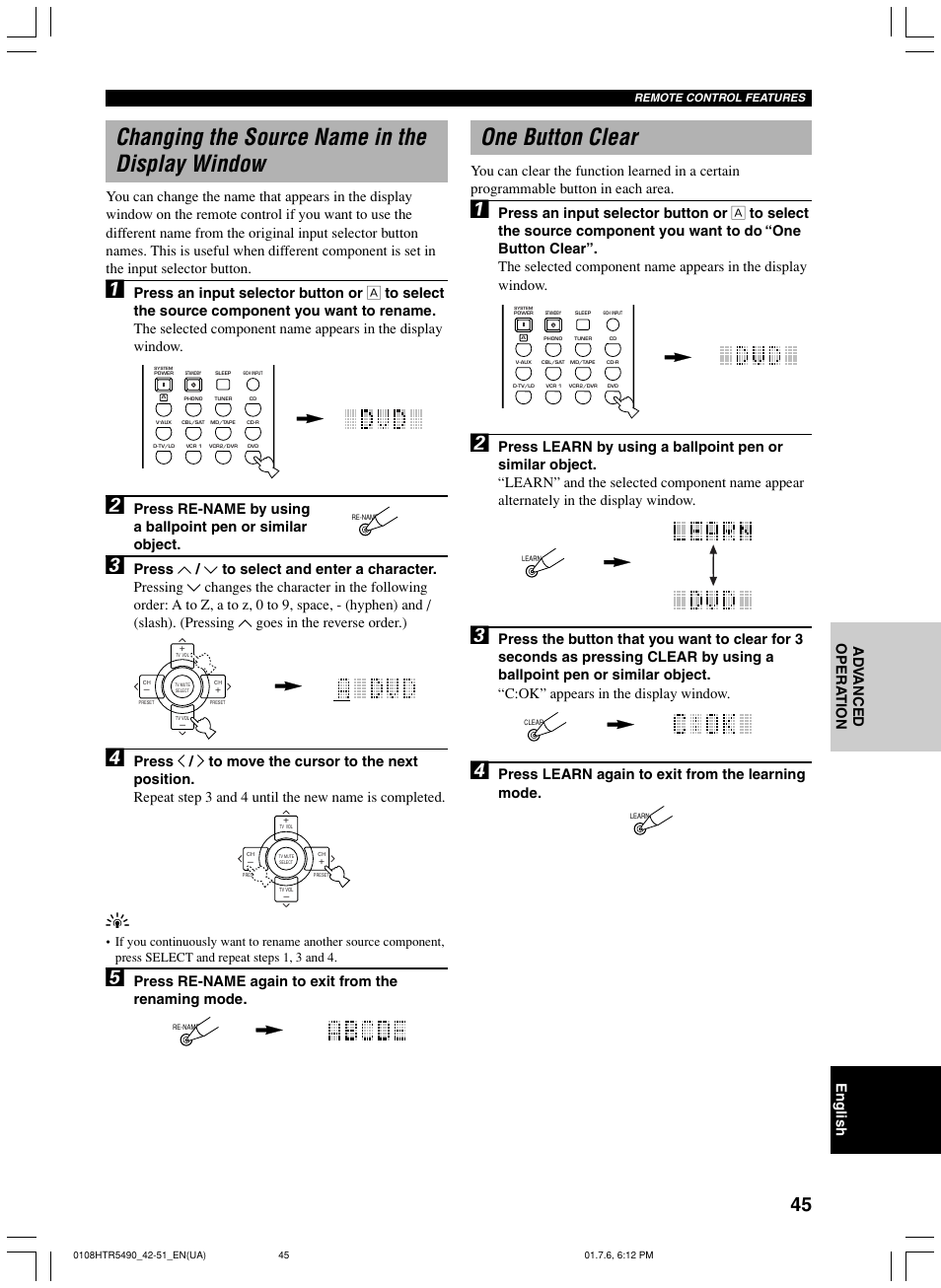 Changing the source name in the display window, One button clear, Press learn again to exit from the learning mode | Press re-name again to exit from the renaming mode | Yamaha HTR-5490 User Manual | Page 49 / 83
