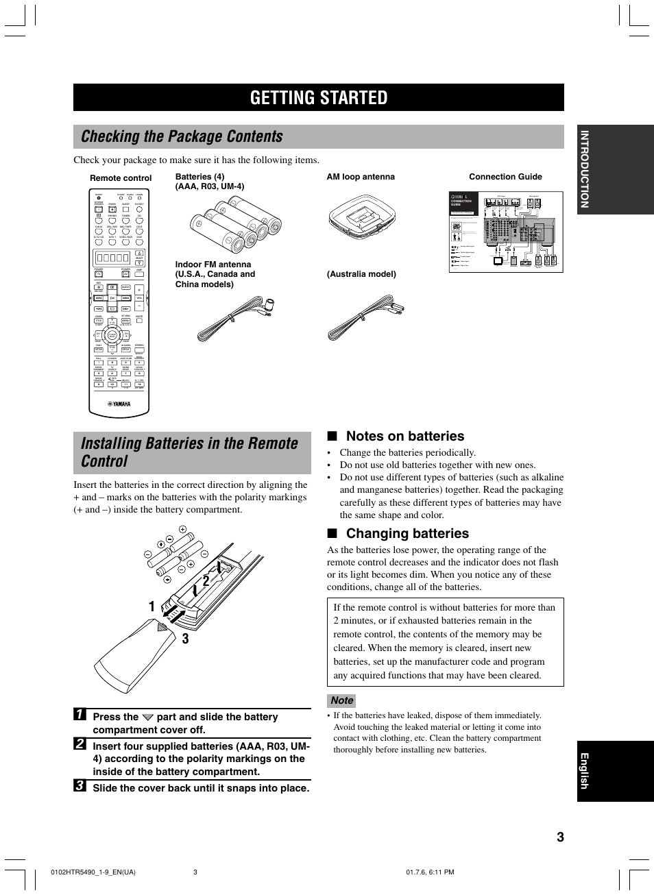 Getting started, Checking the package contents, Installing batteries in the remote control | Changing batteries, Slide the cover back until it snaps into place, Lr v s o | Yamaha HTR-5490 User Manual | Page 7 / 83