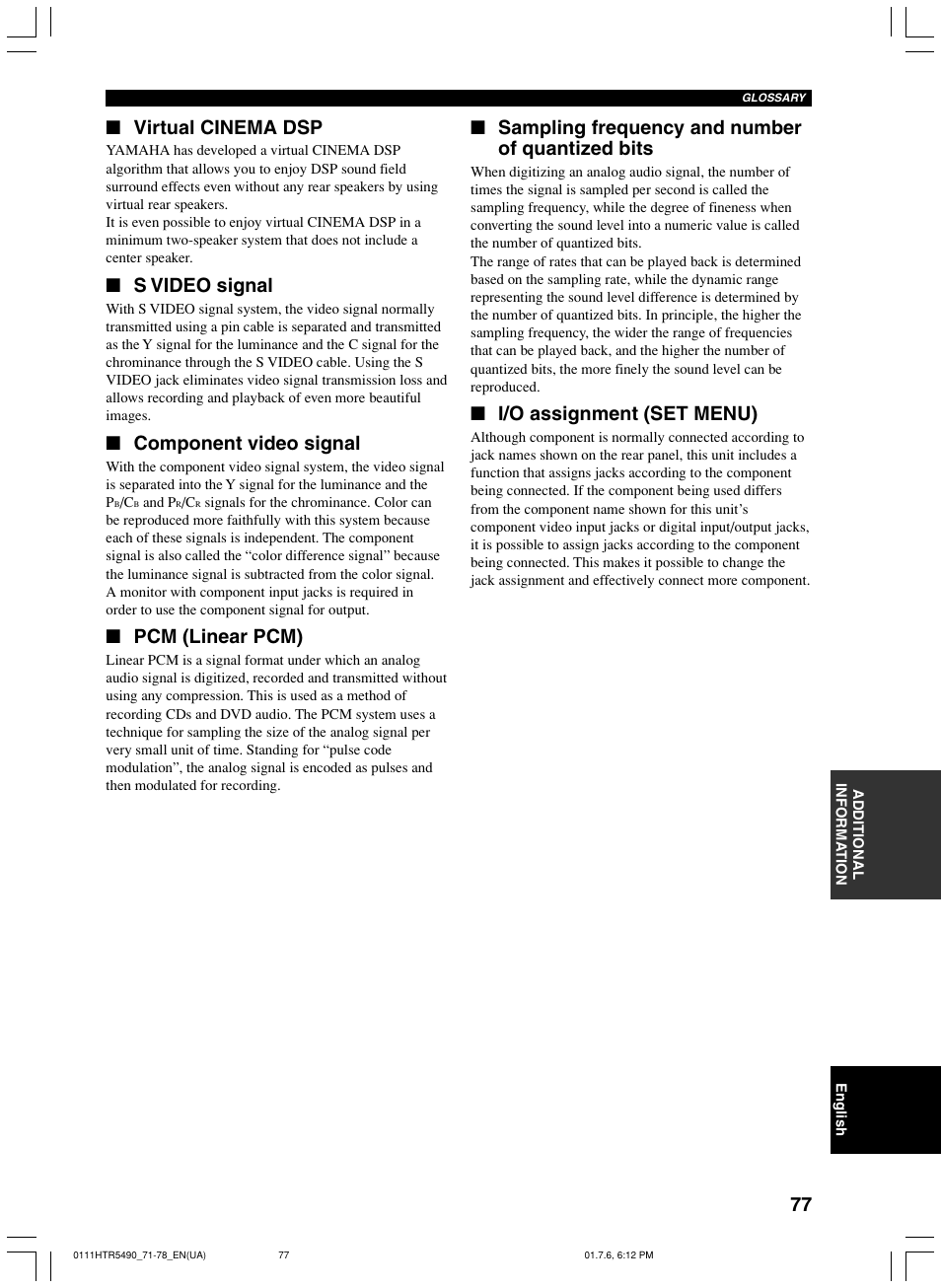 Virtual cinema dsp, S video signal, Component video signal | Pcm (linear pcm), Sampling frequency and number of quantized bits, I/o assignment (set menu) | Yamaha HTR-5490 User Manual | Page 81 / 83
