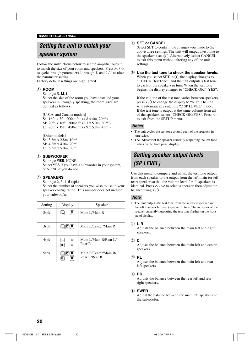 Setting the unit to match your speaker system, Setting speaker output levels (sp level) | Yamaha RX-V340 User Manual | Page 22 / 60