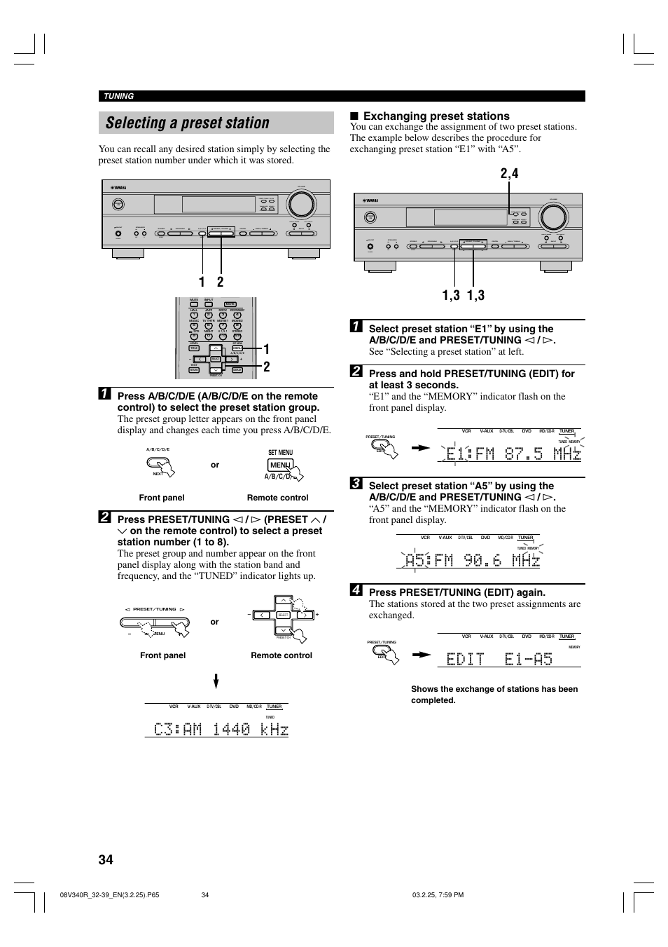 Selecting a preset station, E1:fm 87.5 mhz, A5:fm 90.6 mhz | Edit e1-a5, Exchanging preset stations, Volume | Yamaha RX-V340 User Manual | Page 36 / 60