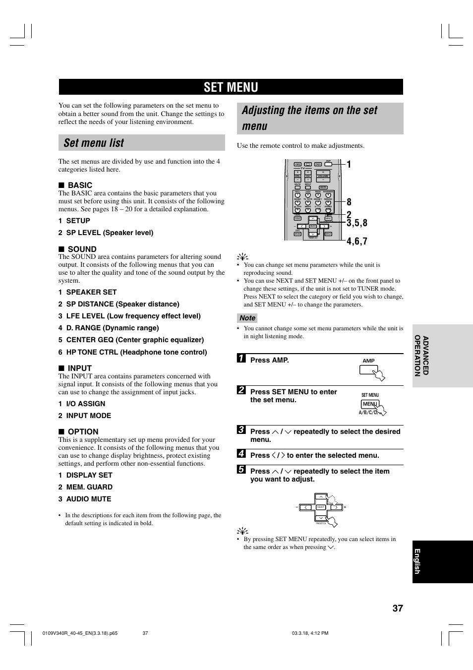 Advancedoperation, Set menu, Set menu list | Adjusting the items on the set menu, Basic, Sound, Input, Option, English ad v anced opera tion, Use the remote control to make adjustments | Yamaha RX-V340 User Manual | Page 39 / 60