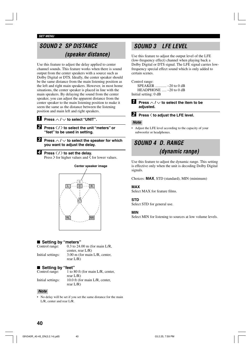 Sound 2 sp distance (speaker distance), Sound 3 lfe level, Sound 4 d. range (dynamic range) | Yamaha RX-V340 User Manual | Page 42 / 60