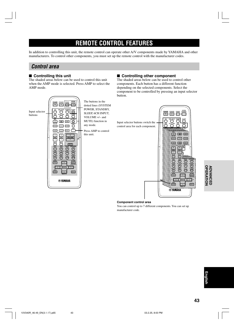 Remote control features, Control area, Controlling this unit | Controlling other component, English ad v anced opera tion, Press amp to control this unit | Yamaha RX-V340 User Manual | Page 45 / 60