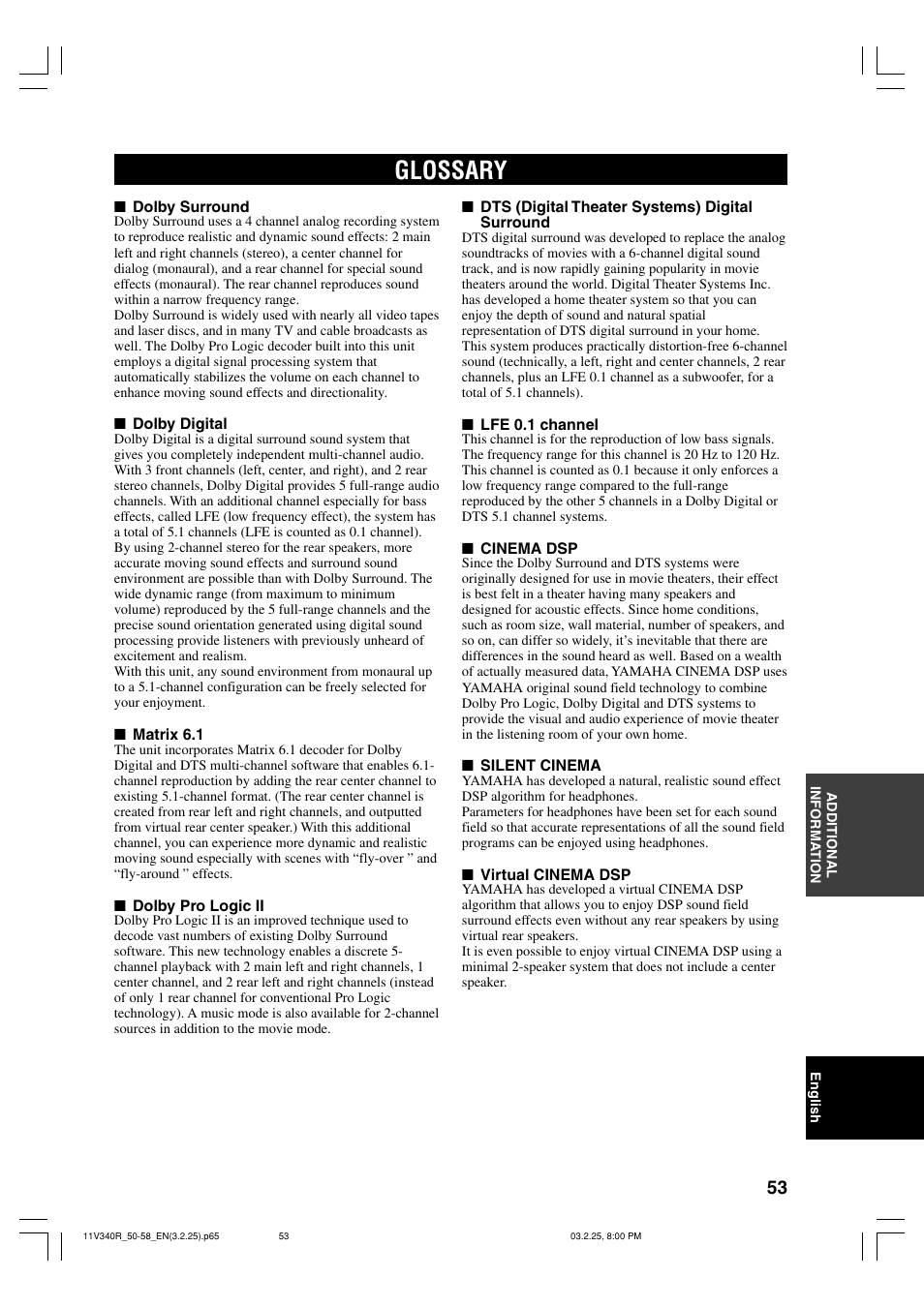 Glossary | Yamaha RX-V340 User Manual | Page 55 / 60