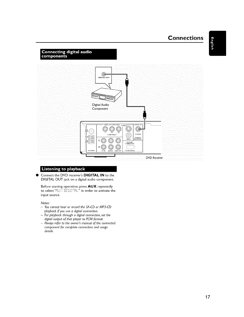 Connecting digital audio components, Listening to playback, Connections | Yamaha CINEMASTATION NX-C300 User Manual | Page 21 / 53