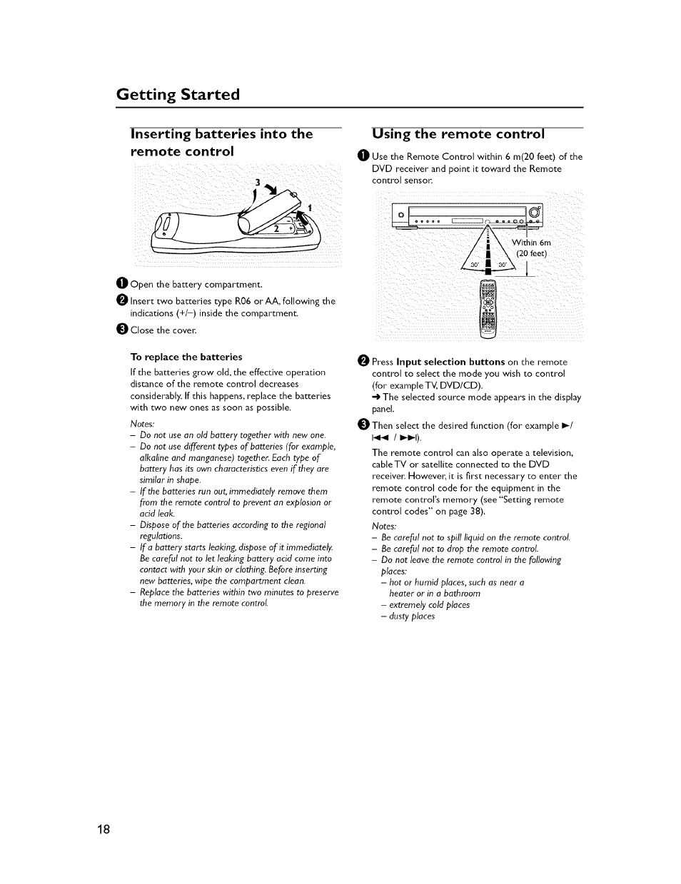 Inserting batteries into the remote control, Using the remote control, Getting started | Yamaha CINEMASTATION NX-C300 User Manual | Page 22 / 53