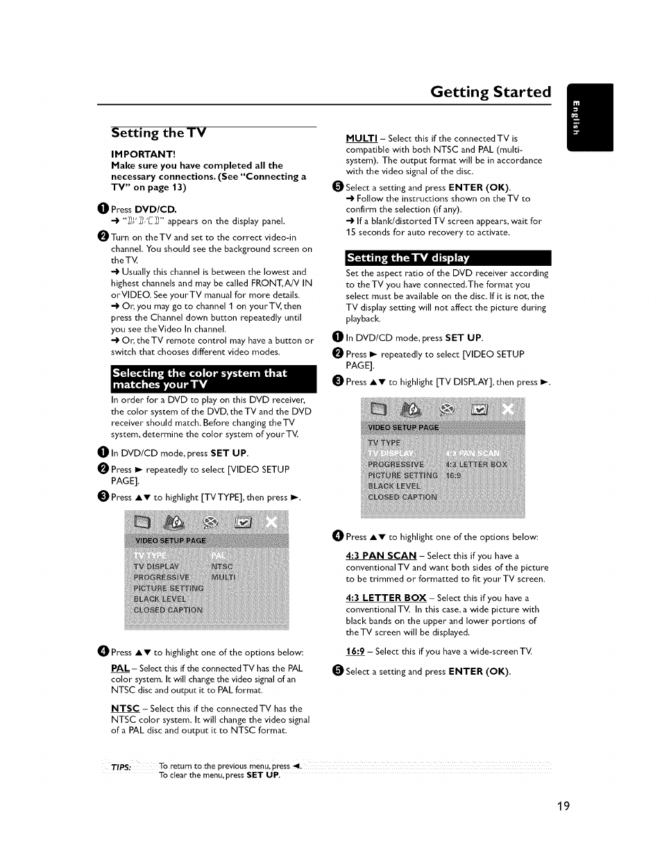 Setting the tv, Selecting the color system that matches yourtv, Setting the tv display | Getting started | Yamaha CINEMASTATION NX-C300 User Manual | Page 23 / 53