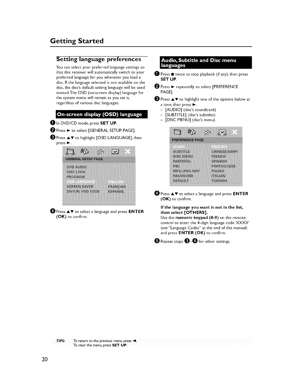 Setting language preferences, On-screen display (osd) language, Audio, subtitle and disc menu languages | Getting started | Yamaha CINEMASTATION NX-C300 User Manual | Page 24 / 53