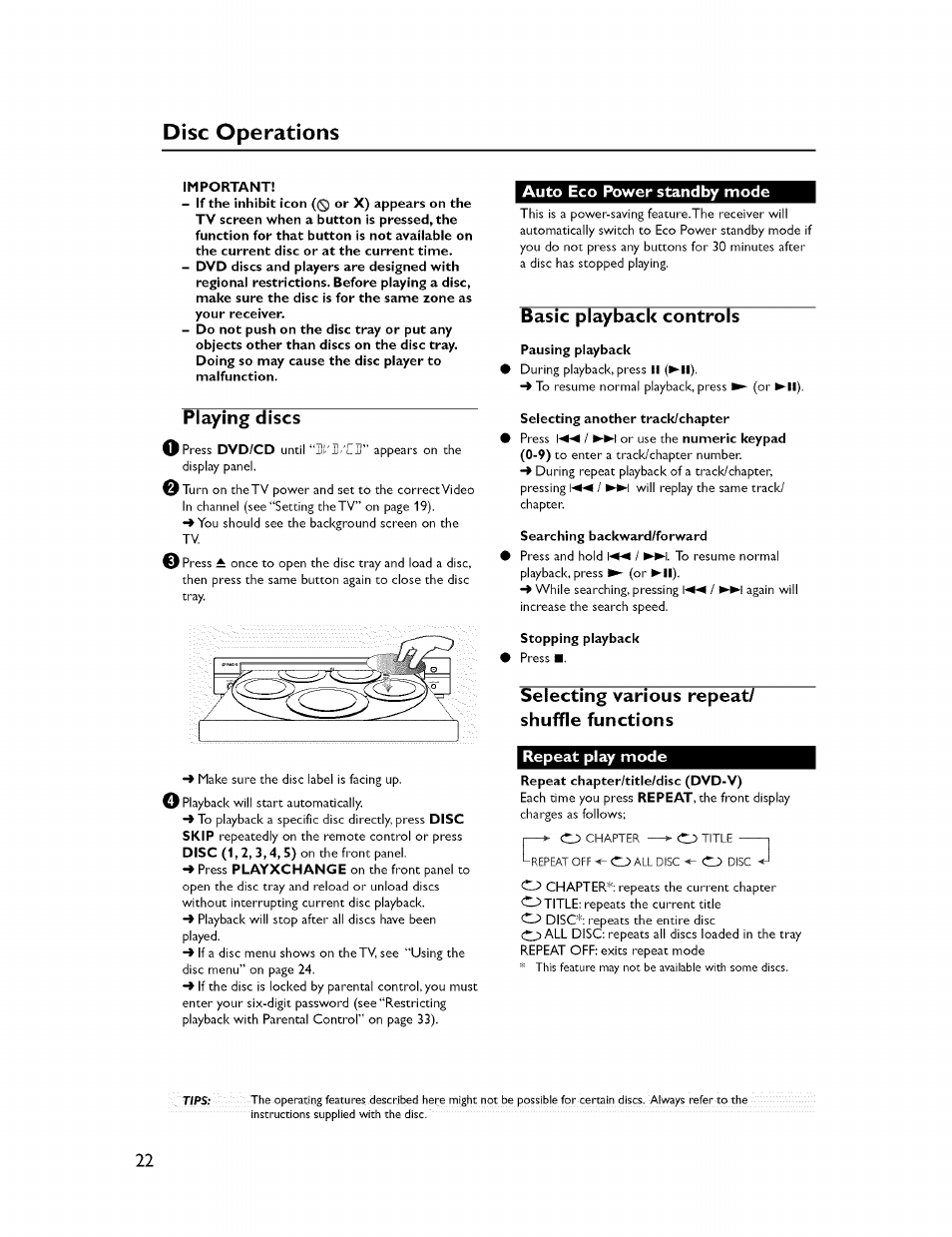 Playing discs, Auto eco power standby mode, Basic playback controls | Selecting various repeat/ shuffle functions, Repeat play mode, Disc operations | Yamaha CINEMASTATION NX-C300 User Manual | Page 26 / 53