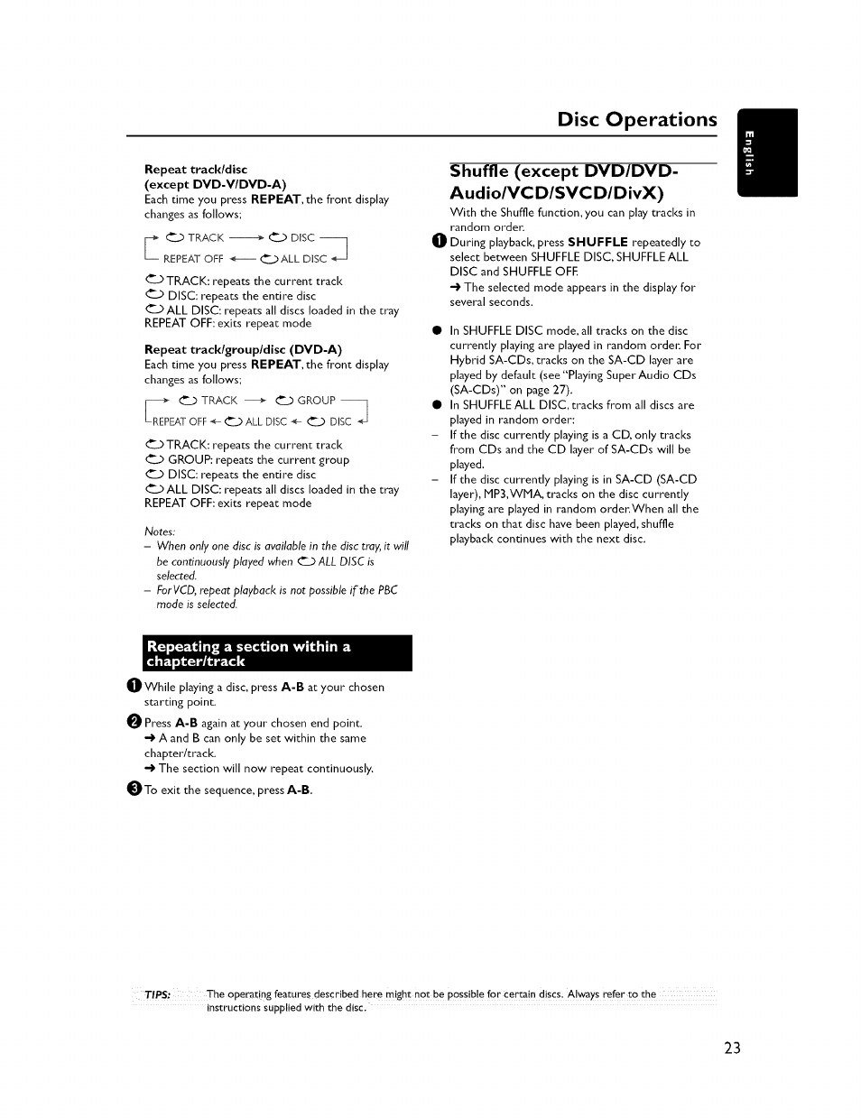 Repeating a section within a chapter/track, Disc operations, Shuffle (except dvd/dvd- audio/vcd/svcd/divx) | Yamaha CINEMASTATION NX-C300 User Manual | Page 27 / 53