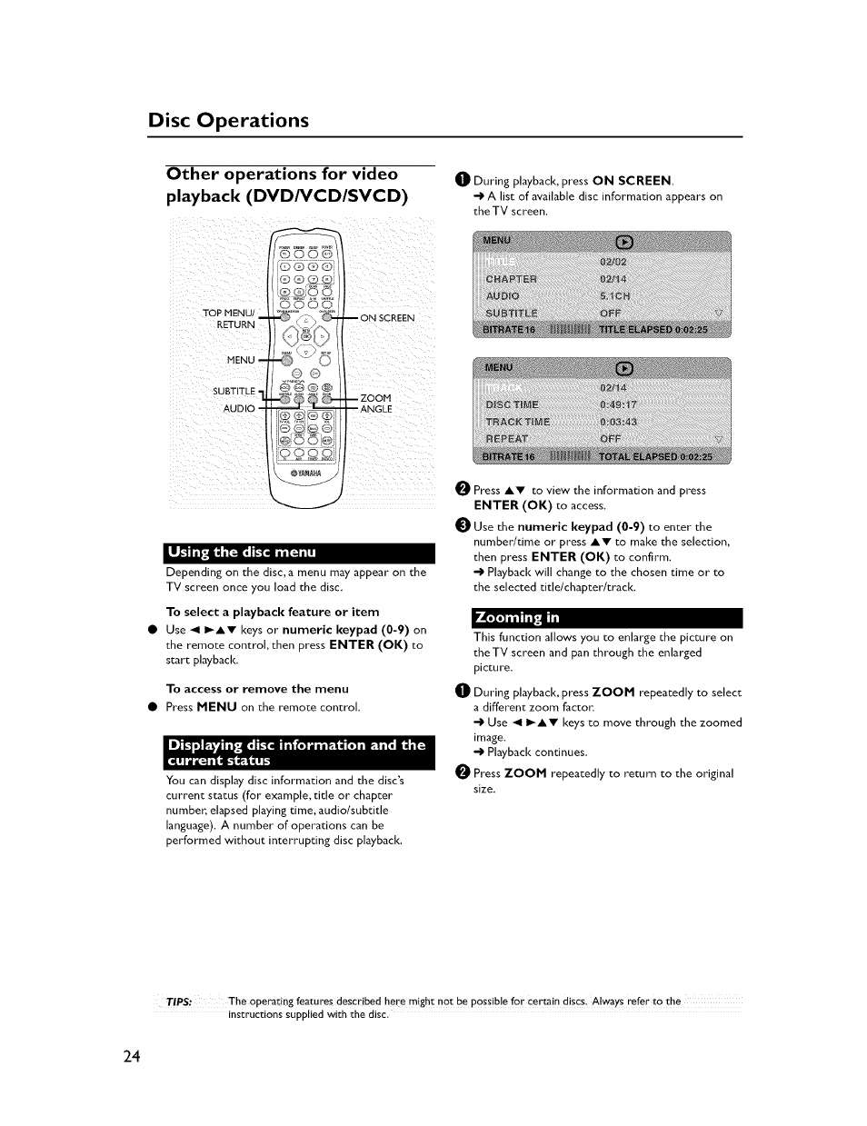 Other operations for video playback (dvda^cd/svcd), Using the disc menu, Displaying disc information and the current status | Zooming in, Disc operations | Yamaha CINEMASTATION NX-C300 User Manual | Page 28 / 53