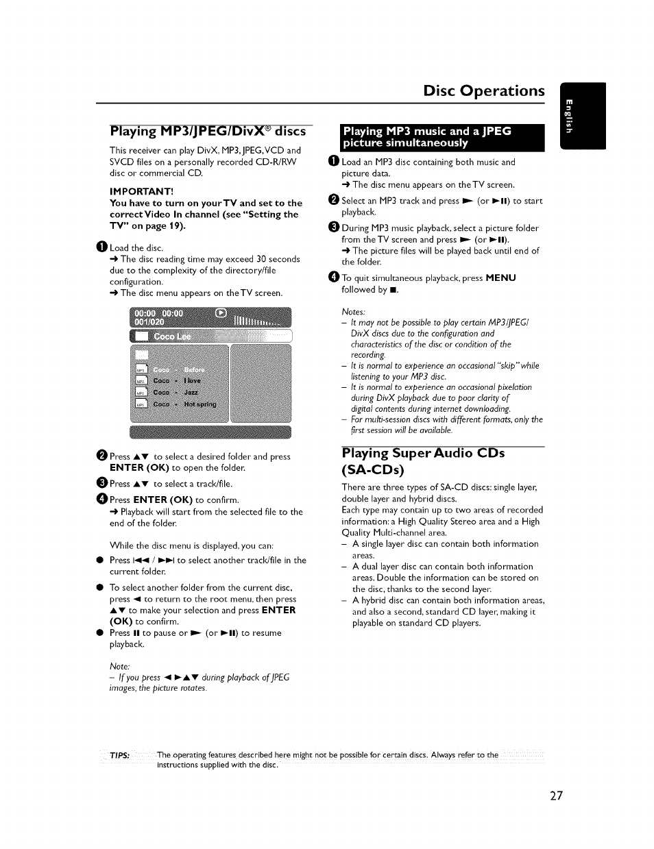 Playing mp3/jpeg/divx® discs, Playing super audio cds (sa-cds), Disc operations | Yamaha CINEMASTATION NX-C300 User Manual | Page 31 / 53
