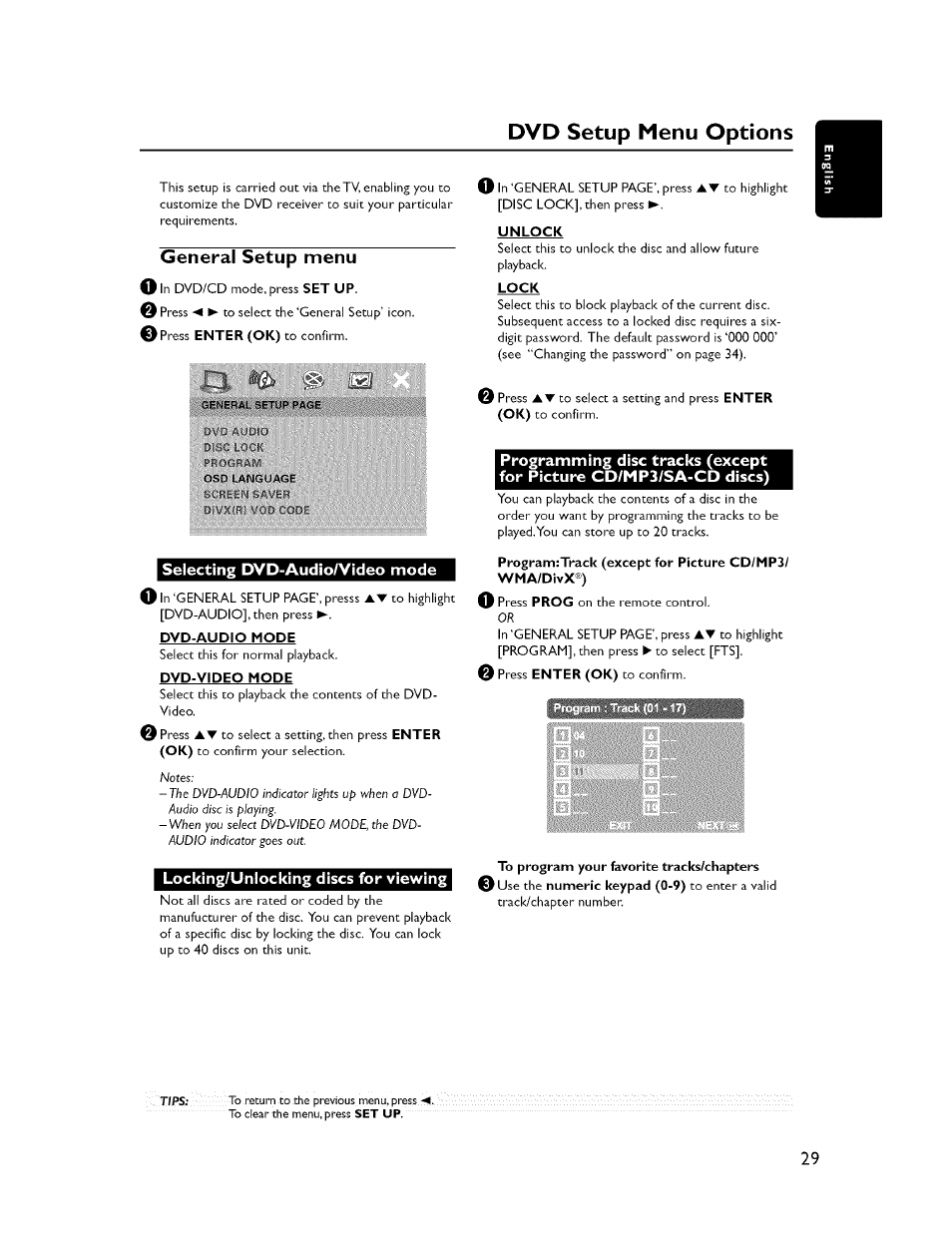 General setup menu, Selecting dvd-audio/video mode, Locking/unlocking discs for viewing | Locking/unlocking disc for viewing, Dvd setup menu options | Yamaha CINEMASTATION NX-C300 User Manual | Page 33 / 53