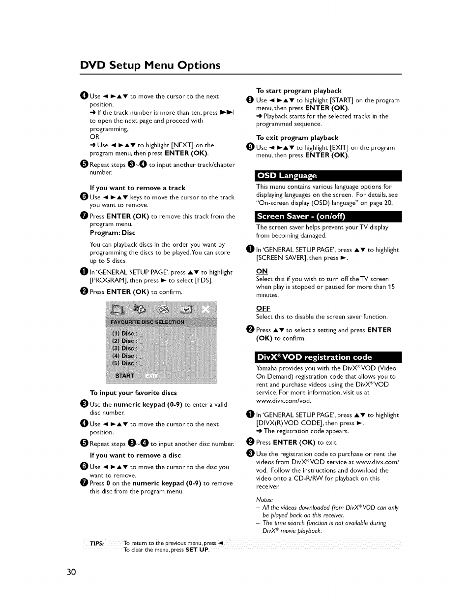 Osd language, Screen saver - (on/off), Divx®vod registration code | Screen saver - (on/off) divx®vod registration code, Dvd setup menu options o | Yamaha CINEMASTATION NX-C300 User Manual | Page 34 / 53