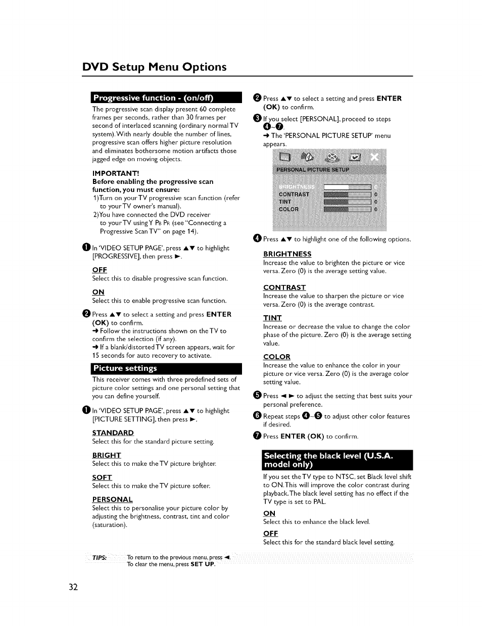 Progressive function - (on/off), Picture settings, Selecting the black level (u.s.a. model only) | Dvd setup menu options | Yamaha CINEMASTATION NX-C300 User Manual | Page 36 / 53