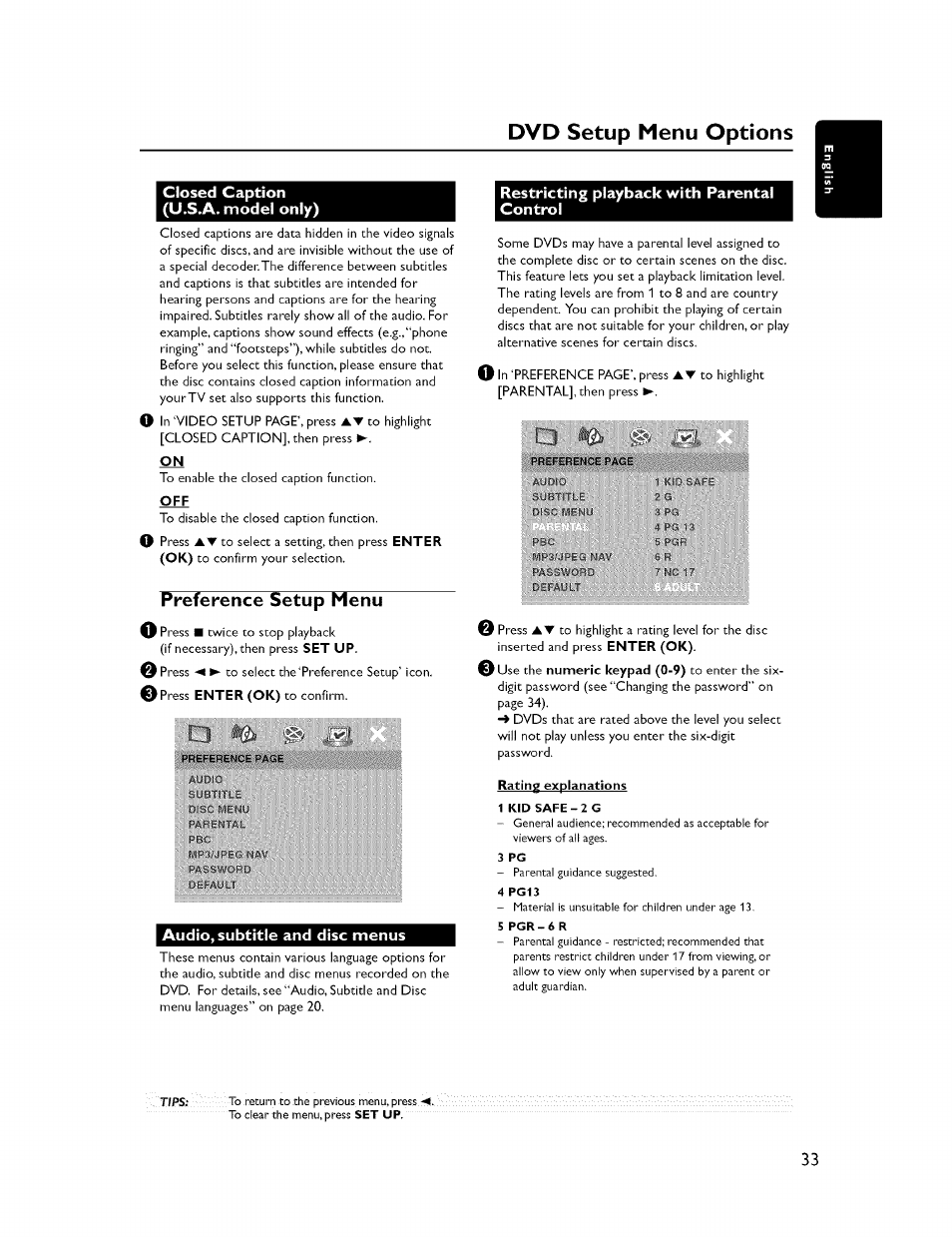 Closed caption (u.s.a. model only), Restricting playback with parental control, Preference setup menu | Audio, subtitle and disc menus, Closed caption (u.s.a, model only), Dvd setup menu options | Yamaha CINEMASTATION NX-C300 User Manual | Page 37 / 53