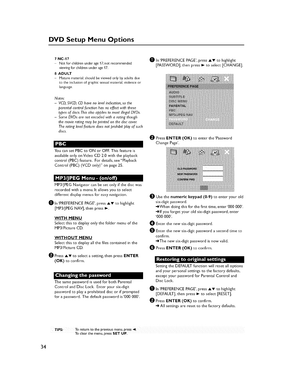 Mp3/jpeg menu - (on/off), Changing the password, Restoring to original settings | Mp3/jpeg menu - (on/off) changing the password, Dvd setup menu options | Yamaha CINEMASTATION NX-C300 User Manual | Page 38 / 53